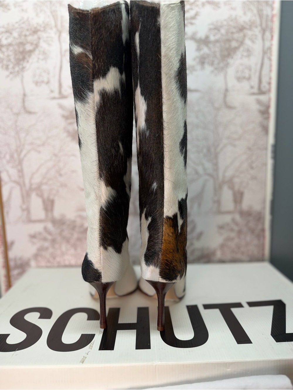 Schutz Maryana Calf Hair Boots in Brown cow hide fur knee high heel cowboy - Picture 4 of 8